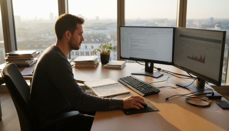 Consultant web installé dans un bureau lumineux avec vue sur la ville